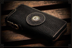 Handmade Leather Tibetan Mens Biker Chain Wallets Cool Leather Wallet Long Chain Wallets for Men