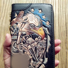 Handmade Leather Mens Clutch Wallet Cool Eagle Tooled Chain Wallet Biker Wallets for Men