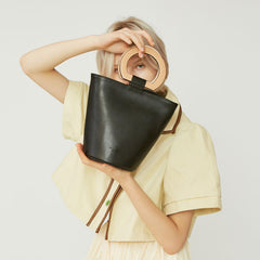 Cute Leather Black Womens Mini Bucket Purse Handbag Barrel Shoulder Bag for Women
