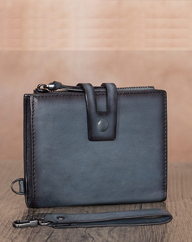 Vintage Gray Leather Small Wristlet Wallet Womens Billfold Wallet Bifold Small Wallet for Women