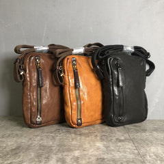 Genuine Brown Leather Mens Cool Small Vertical Side Bag Black Messenger Bag Shoulder Bag for men