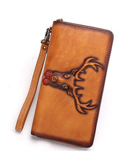 Vintage Reindeer Tan Leather Wristlet Wallets Womens Zip Around Wallet Reindeer Ladies Zipper Clutch Wallets for Women