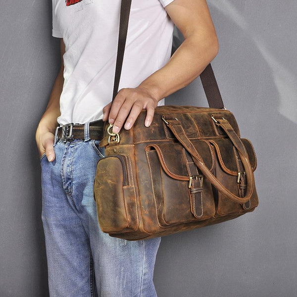 Brown Leather Travel Bag Men's 14 inches - Back View