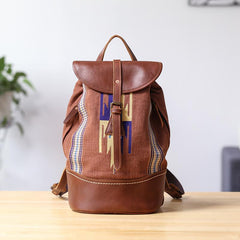 Brown Emroidered Canvas Leather Mens Women Large 14'' College Backpack Travel Backpack for Men