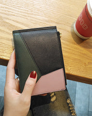 Cute Womens Patchwork Black Leather Card Wallets Card Clutch Wallet Zip Card Holder Wallet for Women