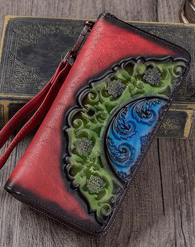 Vintage Floral Red Leather Wristlet Wallets Womens Zip Around Wallet Floral Ladies Zipper Clutch Wallets for Women