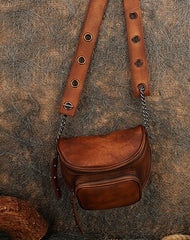 Vintage Coffee Leather Womens Saddle Shoulder Bag - Side View