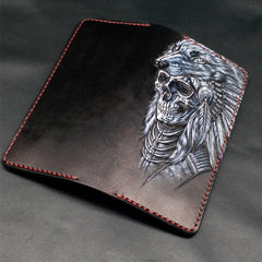 Black Handmade Tooled Japanese Samurai Skull Leather Mens Long Wallet Bifold Long Wallet For Men