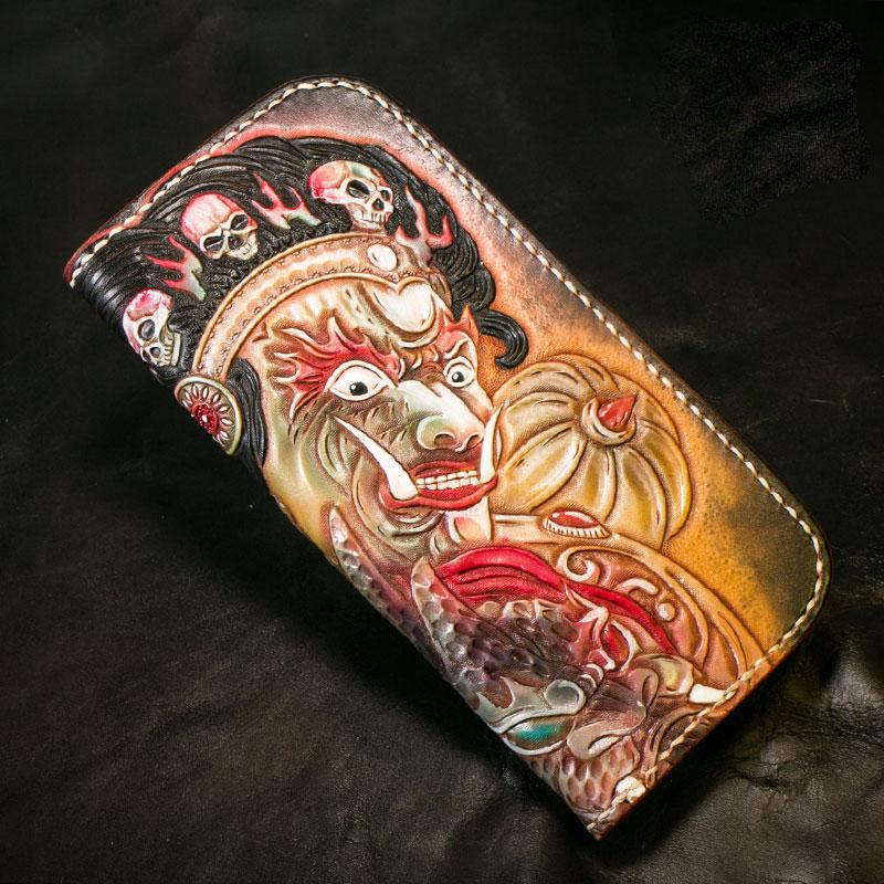 Handmade Leather Tooled Mahākāla Mens Chain Biker Wallet Cool Leather Wallet Long Clutch Wallets for Men