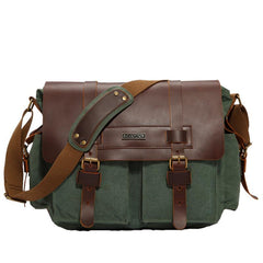 Canvas Leather Mens Vintage Khaki Travel Side Bag Green Messenger Bag Brown Courier Bag for Men