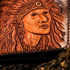 Handmade Leather Indian Chief Tooled Mens billfold Wallet Cool Leather Wallet Slim Wallet for Men