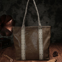 Country Style Black Leather Tote Bag Shopper Bag Brown Tote Purse For Women
