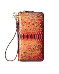 Womens Gray&Red Leather Zip Around Wallets Ostrich Pattern Wristlet Wallets Ladies Zipper Clutch Wallet for Women