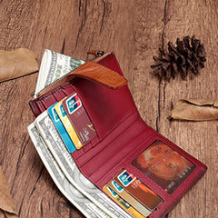 Vintage Brown Leather Womens Bifold Small Wallet Red billfold Wallet for Women