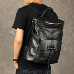 Genuine Leather Mens Cool Backpack Black Large Travel Backpack for men