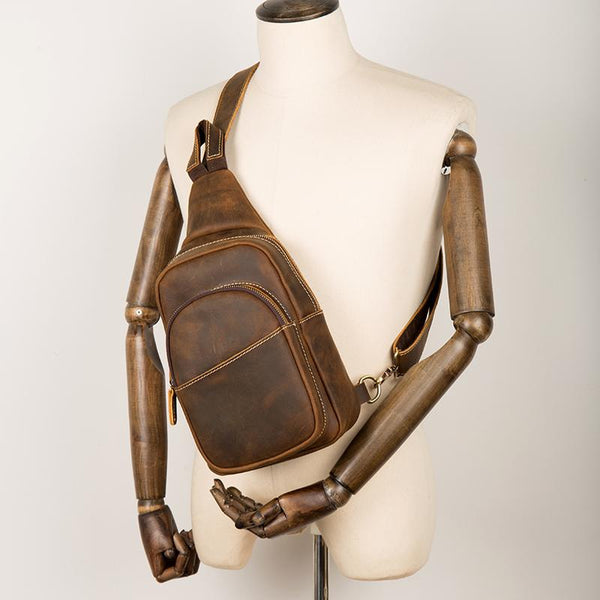 Cool Dark Brown Leather Mens Crossbody Pack - Back View
