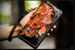 Handmade Leather Tooled Carp Mens Biker Chain Wallets Cool Leather Wallet Long Chain Wallets for Men