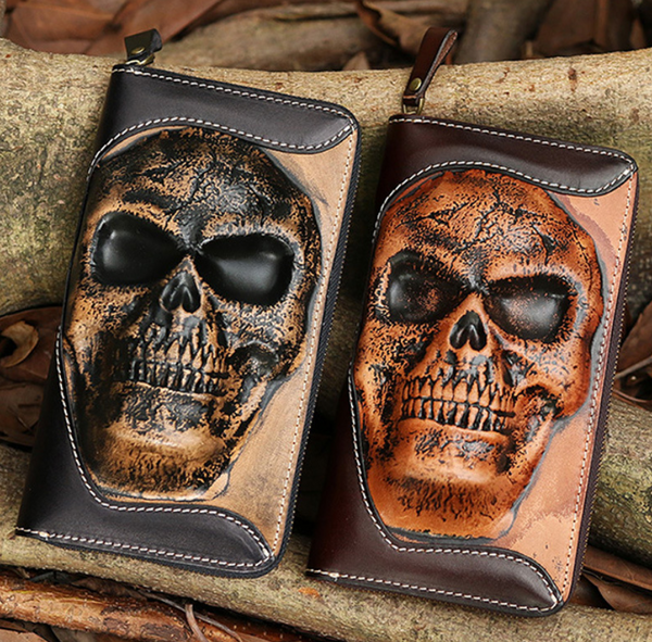 Handmade long skull clutch wallet leather men black white tooled wallet for men - EverHandmade