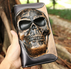 Handmade long skull clutch wallet leather men black white tooled wallet for men