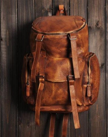 Cool Brown Leather Mens Backpack Large Brown Travel Backpack Hiking Backpack for men
