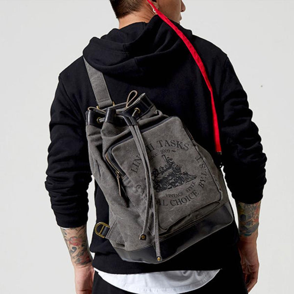 Fashion Canvas Leather Mens Bucket Sling Bag - Back View