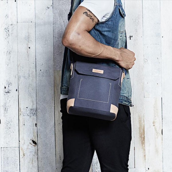 Canvas Leather Mens Vertical Side Bag Small - Back View
