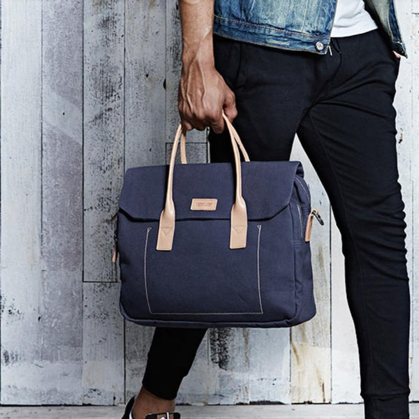 Navy Blue Canvas Leather Mens Briefcase Messenger - Back View