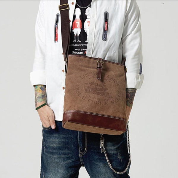 Fashion Vertical Canvas Leather Mens Courier Bag - Back View