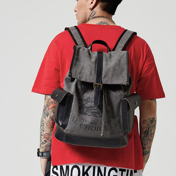 Fashion Canvas Leather Mens Backpack Computer Backpack - Back View