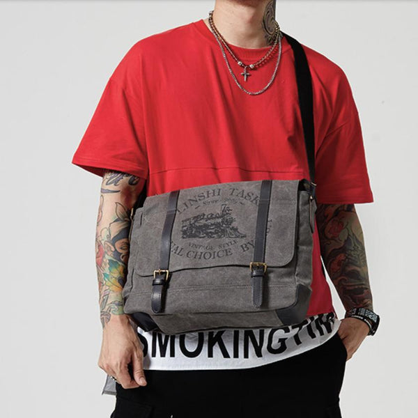 Fashion Canvas Leather Mens Side Bags Messenger - Back View