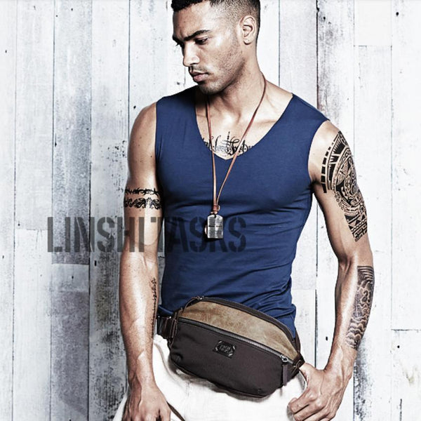 Casual Black Canvas Leather Fanny Pack Men's - Back View