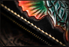 Handmade Leather Tooled Carp Mens Biker Chain Wallets Cool Leather Wallet Long Chain Wallets for Men