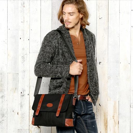 Casual Canvas Leather Mens Khaki Side Bag - Back View
