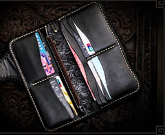 Handmade Leather Tooled Carp Mens Biker Chain Wallet Cool Leather Wallet Long Chain Wallets for Men