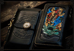 Handmade Leather Tooled Carp Mens Chain Biker Wallet Cool Leather Wallet Long Phone Wallets for Men