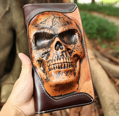 Handmade long skull clutch wallet leather men black white tooled wallet for men