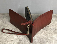 Genuine Leather Mens Cool Long Leather Wallet Cards Phone Zipper Clutch Wristlet Wallet for Men