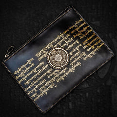 Handmade Leather Carp Tooled Wristlet Bag iPad Bag Mens Cool Leather Wallet Long Clutch for Men