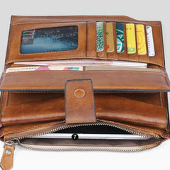 Handmade Leather Mens Cool Long Leather Wallet Wristlet Clutch Wallet for Men