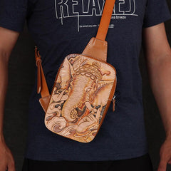 Handmade Beige Ganesha Tooled Leather Sling Bag Chest Bag One Shoulder Backpack For Men