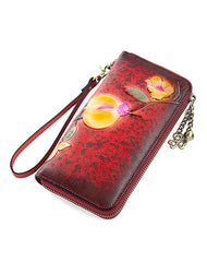 Plum Blossom Flower Red Leather Wristlet Wallet Womens Zip Around Wallets Flower Ladies Zipper Clutch Wallets for Women