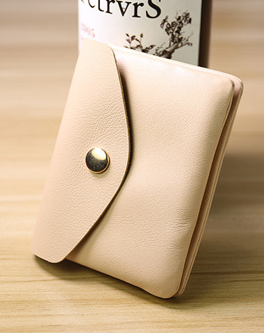 Cute Women Beige Leather Mini Billfold Wallet Handmade Coin Wallets Slim Change Wallets For Women