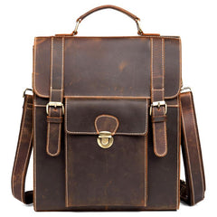 Casual Brown Leather Mens 14 inches School Backpacks Shoulder Briefcase Computer Backpack for Men
