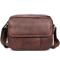 Casual Dark Brown Leather 8 inches Small Messenger Bag Side Bag Postman Bag for Men