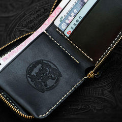 Handmade Leather Tiger Tooled Mens billfold Wallet Cool Clutch Wristlet Bag Chain Wallet Biker Wallet for Men