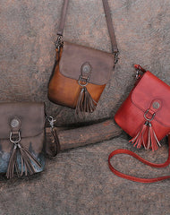 Vintage Small Leather Womens Vertical Shoulder Bag With Tassels Handmade Crossbody Purse for Ladies