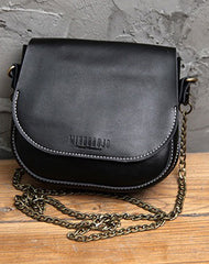 Cute Black LEATHER Flip Chain Side Bag Handmade WOMEN Saddle Phone Crossbody BAG Purse FOR WOMEN