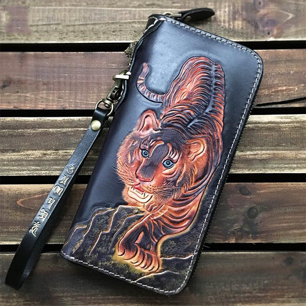 Black Handmade Tooled Tiger Leather Long Biker - Back View