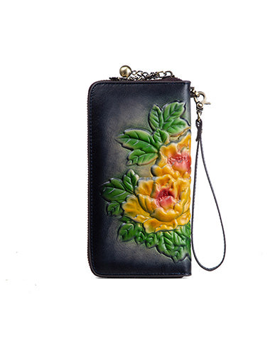 Womens Black Leather Zip Around Wallets Peony Flower Wristlet Wallets Floral Ladies Zipper Clutch Wallet for Women