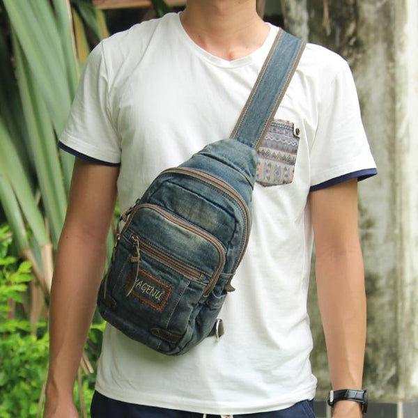 Jean Vintage Blue Mens Sling Bag Chest - Back View